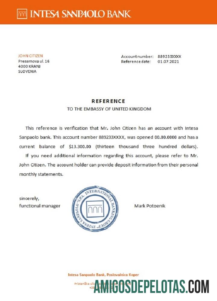 Referência do Banco Intesa Sanpaolo da Eslovênia baixar para verificação